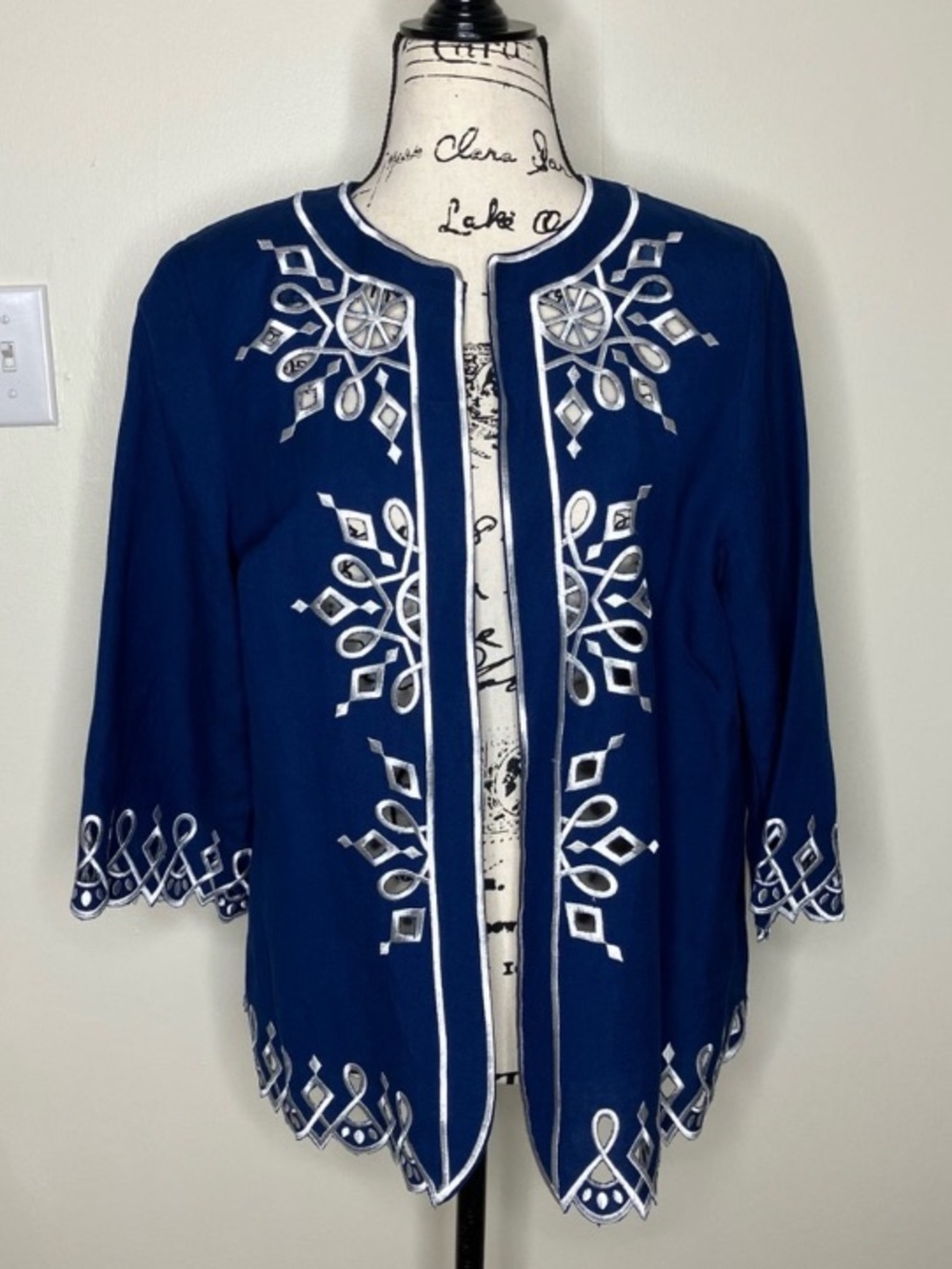 Bob Mackie Wearable Art blue embroidered cut out linen jacket S